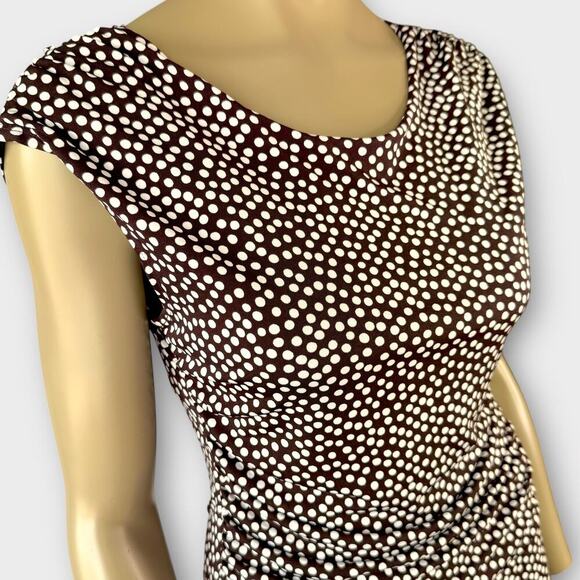 Enfocus Studio Sleeveless Polka Dot Dress Ruched Stretchy Size 12 Brown White - Picture 7 of 15